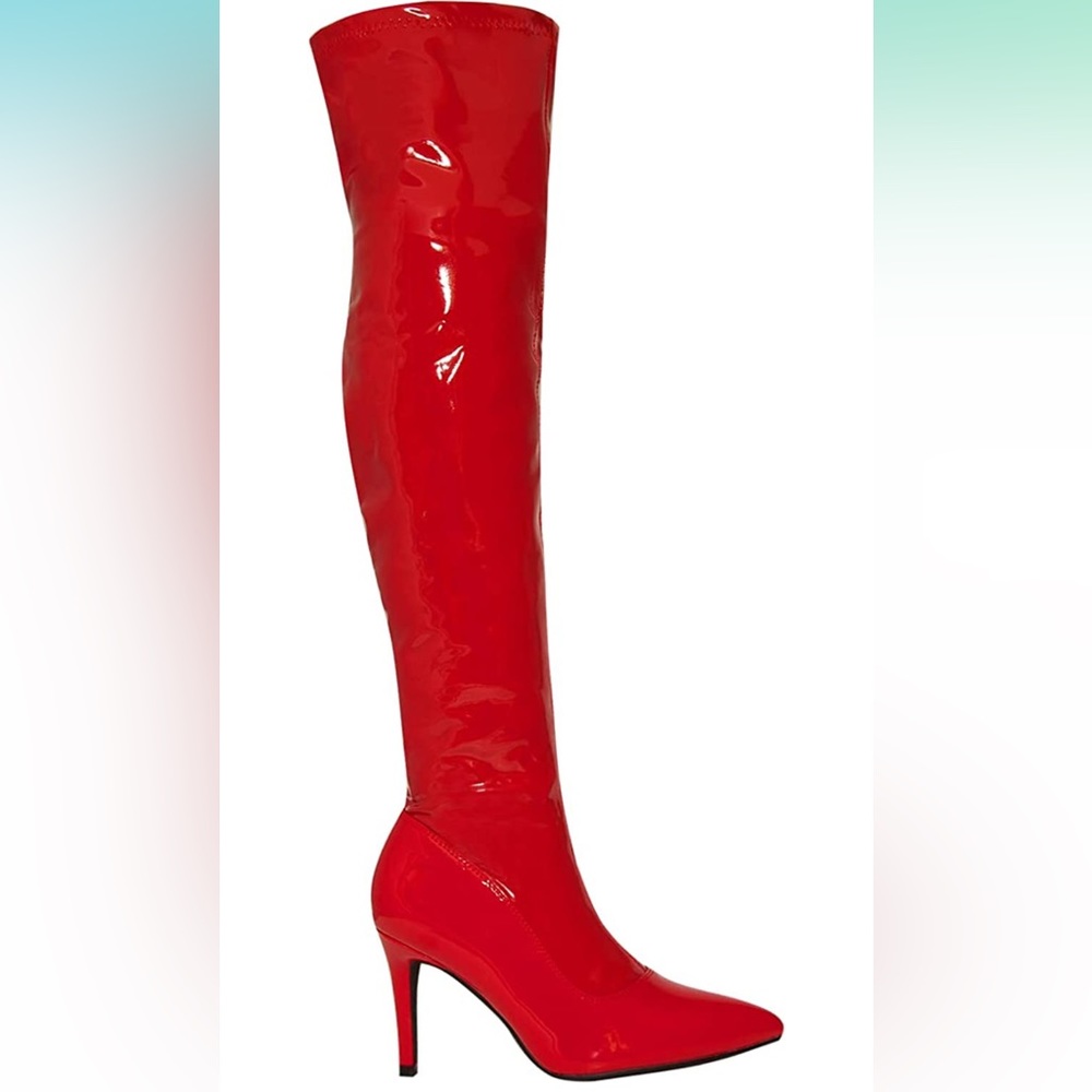 Red knee high boots. Latex